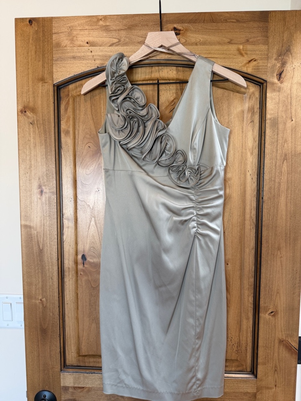 Donna Ricco Dress Ruffled Shoulder in Champagne/Taupe with Rosette Accents